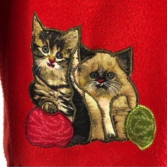 VINTAGE Take Two fleece shirt jacket button front cat applique red M - Picture 4 of 11